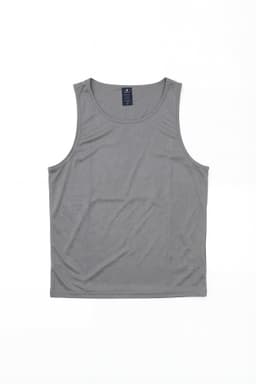 A grey singlet without sleeves, featuring a label and a simple design. It has one logo visible.