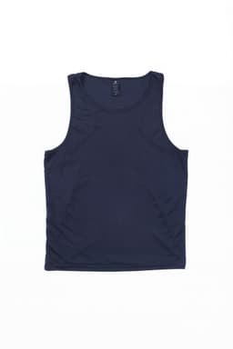 A navy blue singlet with a round neckline and a branding label inside.