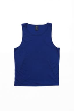 A blue singlet featuring a logo, made of smooth material, displayed flat on a white background.