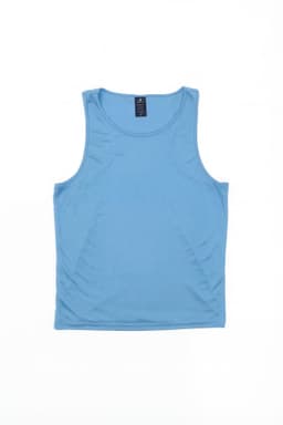 A light blue singlet with a round neckline. It has a label and features a logo.