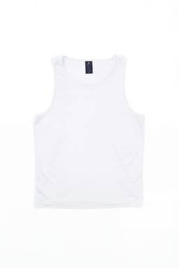 A white singlet featuring a round neckline and a brand logo at the label.
