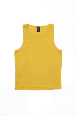 A plain yellow singlet featuring a logo. The fabric appears smooth and lightweight.