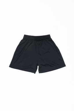 Black sports shorts with an elastic waistband and a logo. Ideal for athletic wear.