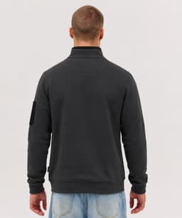 A grey fleece jumper with a 1/4 zip and a sleeve pocket, featuring a logo.