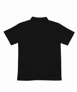 A black women's polo shirt with short sleeves and a collar, featuring a logo on the back.