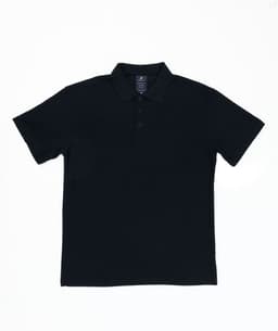 A black women's polo shirt with a collar and a button placket, featuring a branding logo.