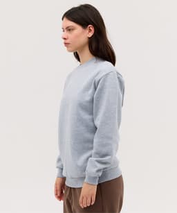 A light grey jumper with a crew neckline and long sleeves, featuring a simple design and a logo.