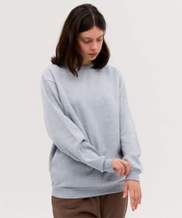 A grey jumper with long sleeves, featuring a crew neck design and a simple logo.