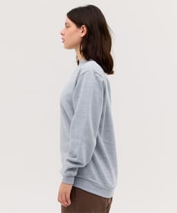A grey hoodie featuring a relaxed fit and long sleeves, shown from the side. It contains a logo.