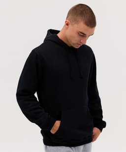 A navy blue hoodie with a front pocket and drawstring hood, worn by a model looking down.