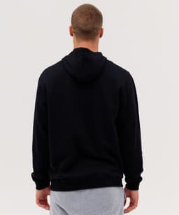 A black hoodie with a hood, displayed from the back, featuring a simple design and elastic cuffs.