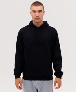 A black hoodie with a kangaroo pocket and drawstring hood, displayed on a model against a plain backdrop.
