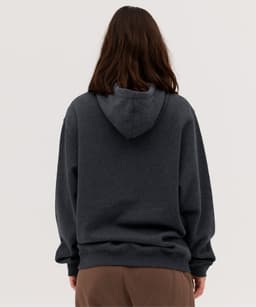 A grey hoodie with a large hood, featuring a relaxed fit and long sleeves, seen from the back.