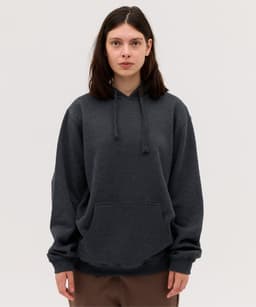 A grey hoodie with a kangaroo pocket and a drawstring hood, featuring a subtle logo on the sleeve.