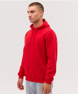 A red hoodie with a kangaroo pocket and a hood, worn by a male model against a plain background.