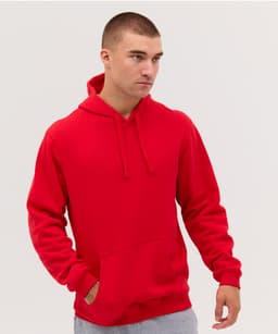 A red hoodie with a front pocket and drawstring hood, featuring a branding logo.