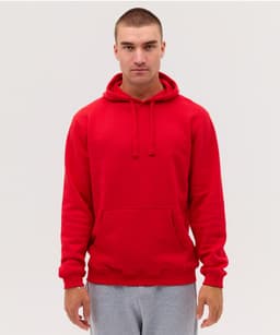 A red hoodie featuring a front pocket and drawstring hood, displayed on a model against a neutral background.
