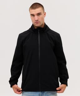 A black rain jacket is worn by a model, featuring a zip front and a hood. The jacket has a logo on it.