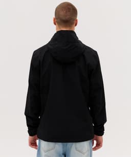 A black rain jacket with a hood, featuring a simple design and a logo on the back.