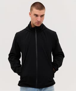 A black rain jacket with a zip front and hood, designed for weather protection, featuring a logo.