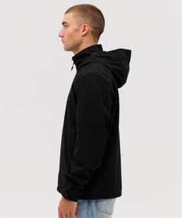A black rain jacket with a hood, displayed on a model from the side, featuring a logo.