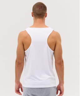 A white singlet with a racerback design, displayed from the back on a model. It features a logo.
