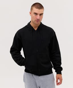 A black zip hoodie with a front zip closure and a drawstring hood, featuring a logo on the chest.
