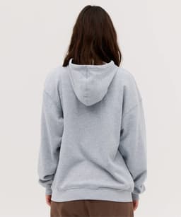 A grey hoodie with a hood, featuring a loose fit and long sleeves, displayed from the back.