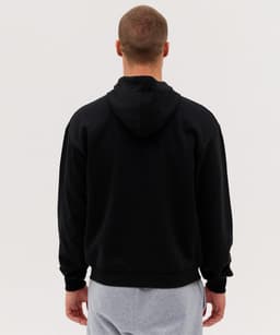 A black zip hoodie with a hood, featuring a simple design and a logo, viewed from the back.