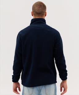 A navy blue polar fleece 1/4 zip jacket shown from the back, featuring a collar and long sleeves.