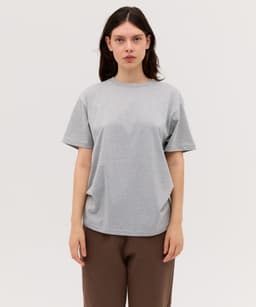 A grey t-shirt with short sleeves, featuring a relaxed fit and a simple design. It has a logo on the side.