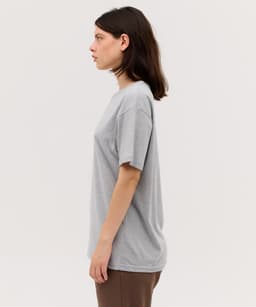 A grey T-shirt displayed from the side, featuring short sleeves and a relaxed fit. The shirt has a logo.