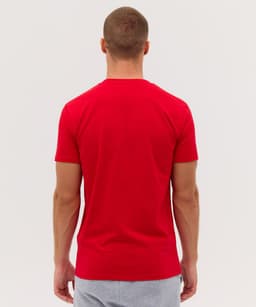 A red t-shirt viewed from the back, featuring a fitted style and short sleeves. It has a small logo on the side.