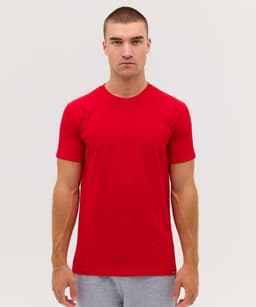 A red short-sleeved T-shirt displayed on a model, featuring a branding logo.