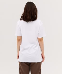 A white t-shirt with short sleeves, featuring a plain back and relaxed fit.