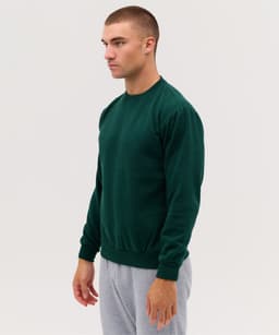 A green crew jumper with long sleeves, displayed on a model against a plain background.