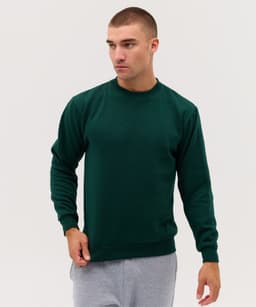 A green crew jumper worn by a model, featuring long sleeves and a crew neckline, paired with grey pants.