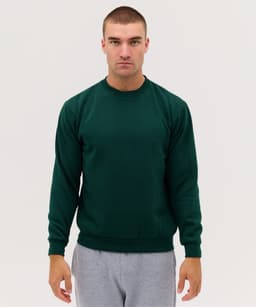 A green crew jumper displayed on a model, featuring long sleeves and a simple design. The model wears grey pants.