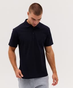 A navy polo shirt with a collar and short sleeves, featuring a logo on the chest.