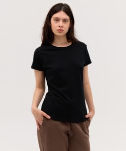 A black women's essential tee with a classic fit, featuring short sleeves and a round neckline.