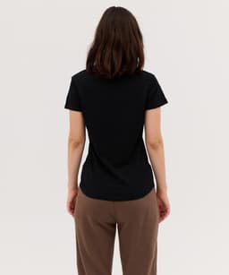 A black women's essential tee displayed from the back, featuring a simple design and short sleeves.