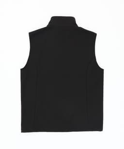 A black softshell vest features a zip-up collar and a smooth finish, designed for comfortable wear. It has a logo.