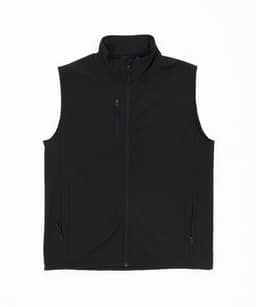 A black softshell vest with a full zip, featuring two side pockets and one chest pocket. It has a logo on the fabric.