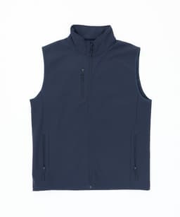 A navy softshell vest featuring a high collar and two zippered pockets, with a logo on the chest area.