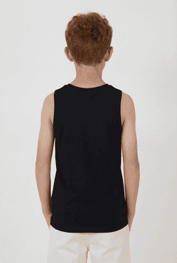 A black youth singlet with a sleeveless design, featuring a plain back and a simple cut.