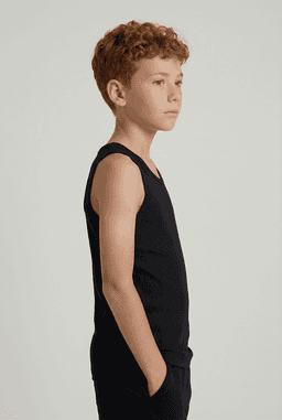 A youth black singlet with a fitted design, featuring a logo on the chest area.