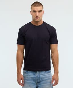 A plain navy blue t-shirt for men, featuring short sleeves and a round neckline. It has a logo.