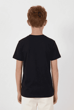 A black youth essential tee displayed on a child from the back, featuring a simple design and a logo.