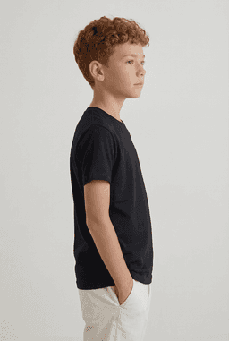A black youth t-shirt worn by a boy with red hair, standing in profile against a plain background.