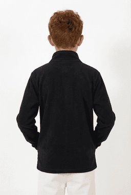 A black youth polar fleece jacket with a full zip, featuring a collar and long sleeves.